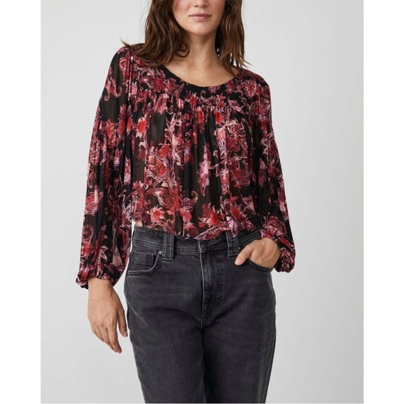 Free People Red and Black Sheer Floral Open Back Tassel Long Sleeve Blouse - Picture 1 of 13